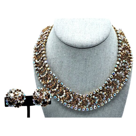 Vintage Kramer Jewelry Set Rhinestone Necklace Earrings Champagne Topaz Aurora B - Picture 3 of 15